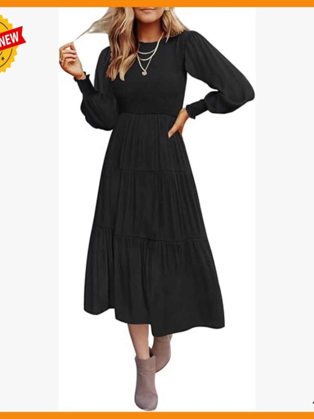 Long Sleeve Smocked Midi Dress High Waist Tiered Flowy Casual